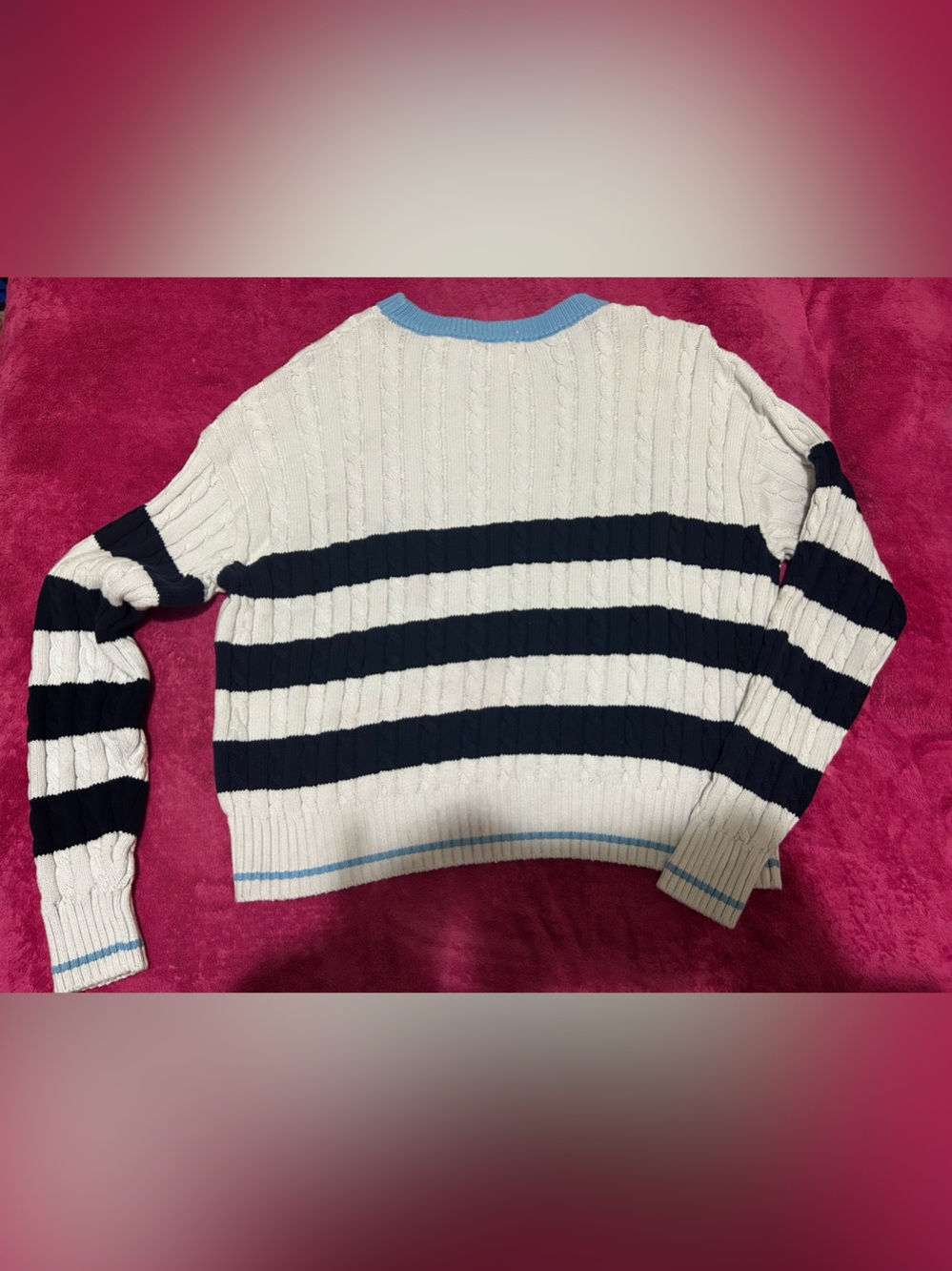 All In Motion White and Navy Striped Cable Knit Crewneck Sweater - Picture 2 of 3
